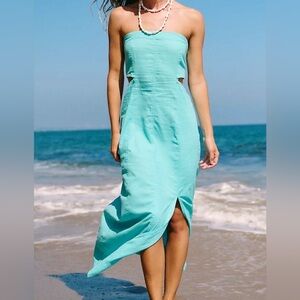 Free People Ciao Linen Blend Turquoise Strapless Midi Dress